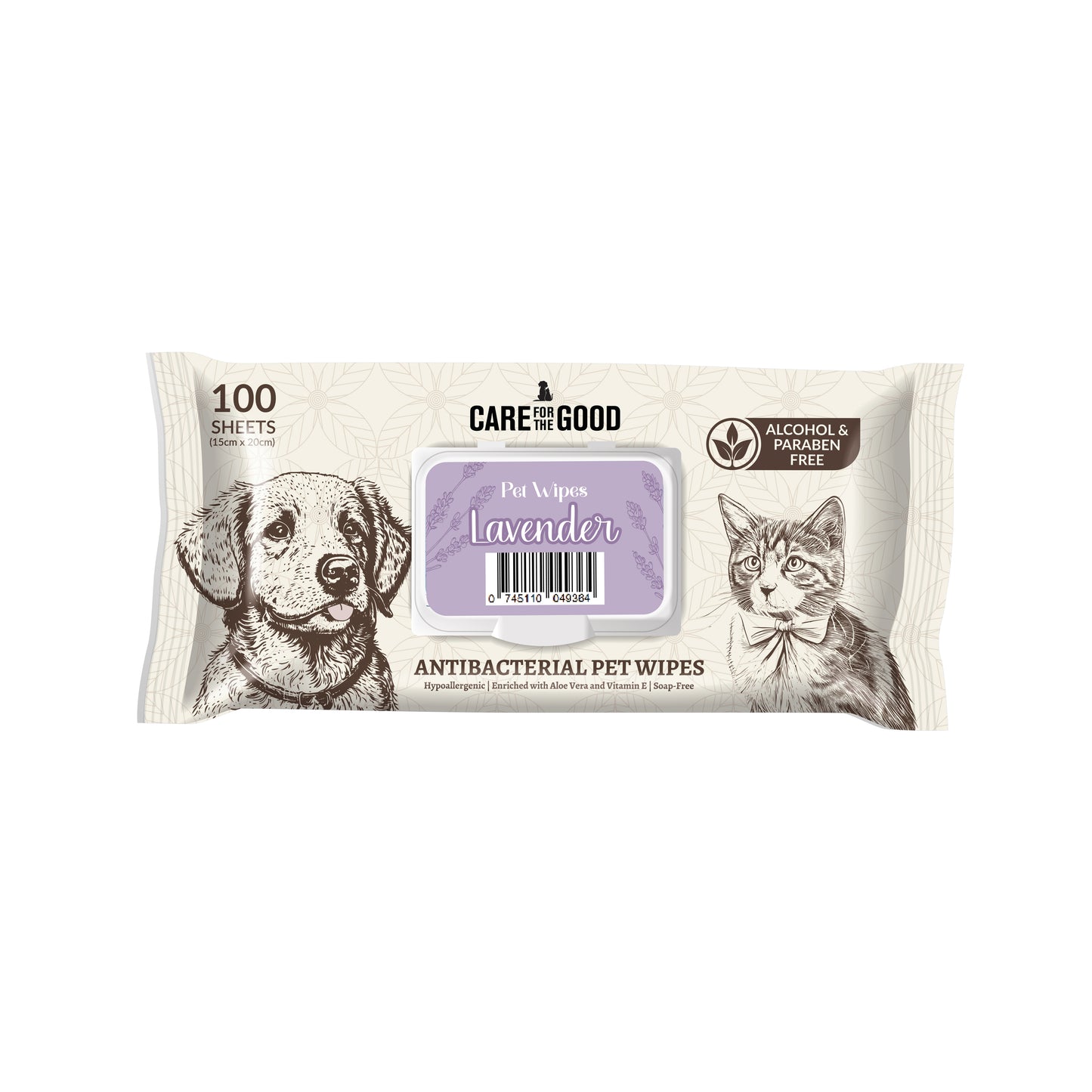 Care For The Good Antibacterial Pet Wipes - Lavender, 100 pcs