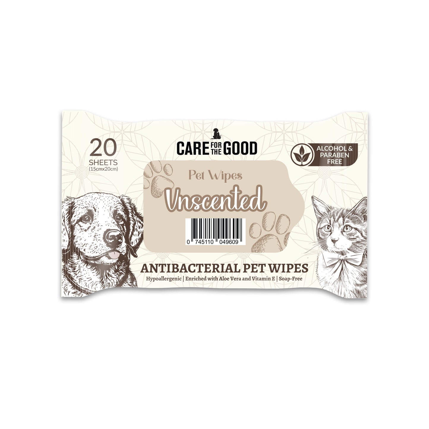 Care For The Good Antibacterial Pet Wipes - Unscented, 20 pcs