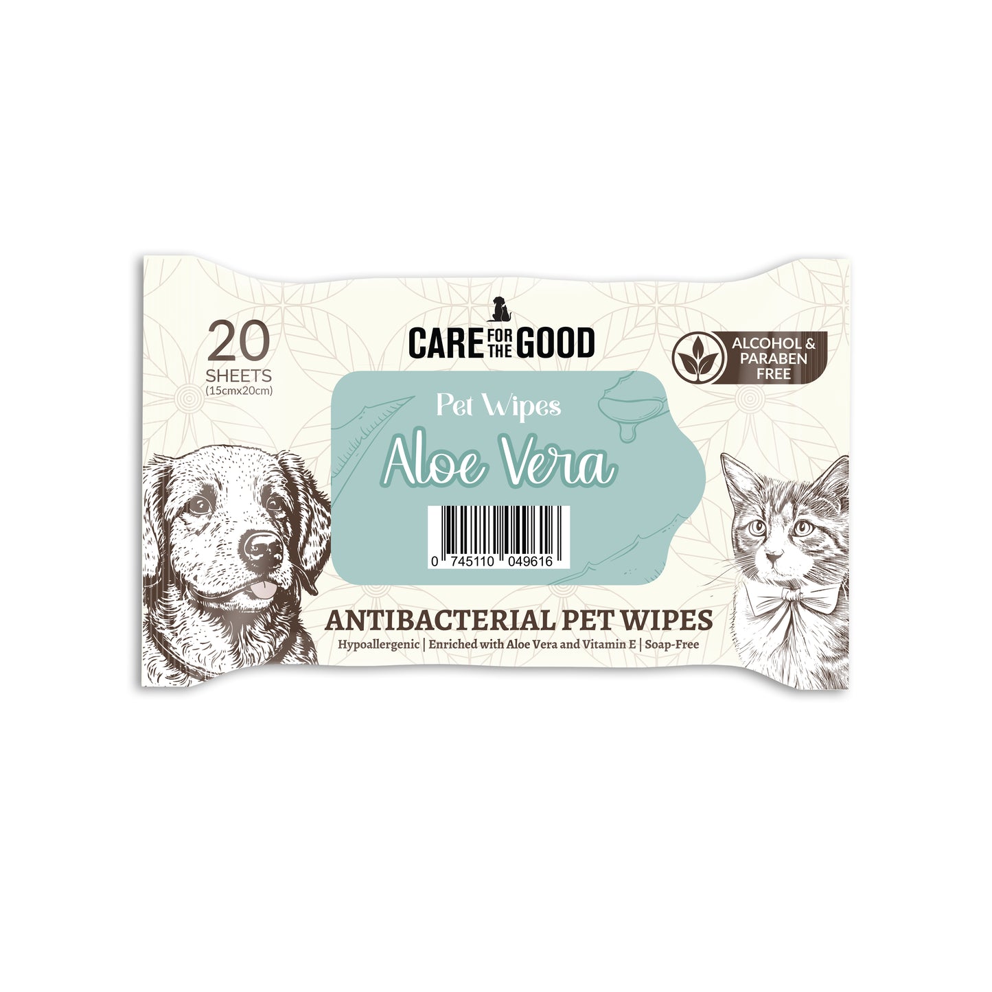 Care For The Good Antibacterial Pet Wipes - Aloe Vera, 20 pcs