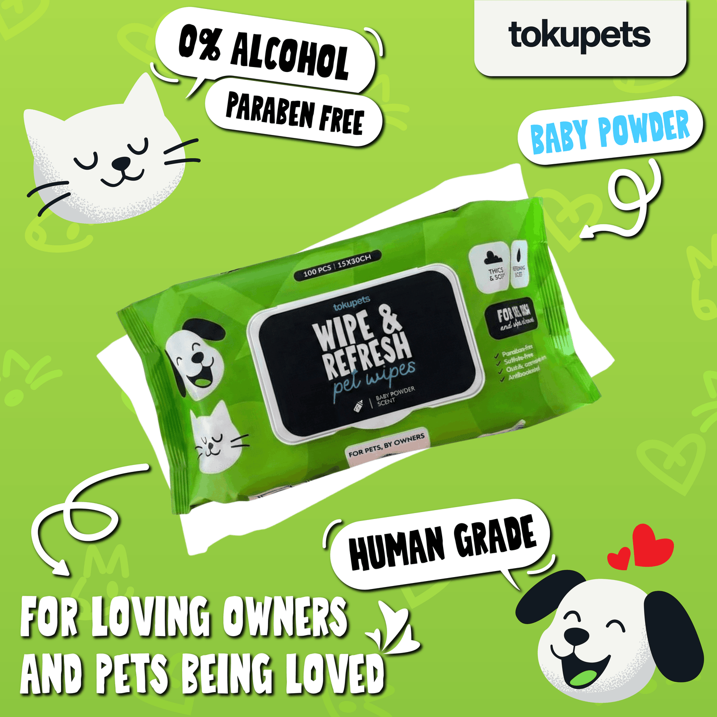 Tokupets Pet Wipes 100pcs 15cm x 20cm - Extra Thick & Large | Antibacterial Wet Tissue for Cat Dog Animal