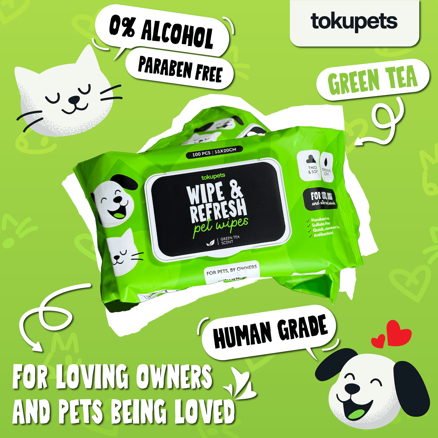 Tokupets Pet Wipes 100pcs 15cm x 20cm - Extra Thick & Large | Antibacterial Wet Tissue for Cat Dog Animal