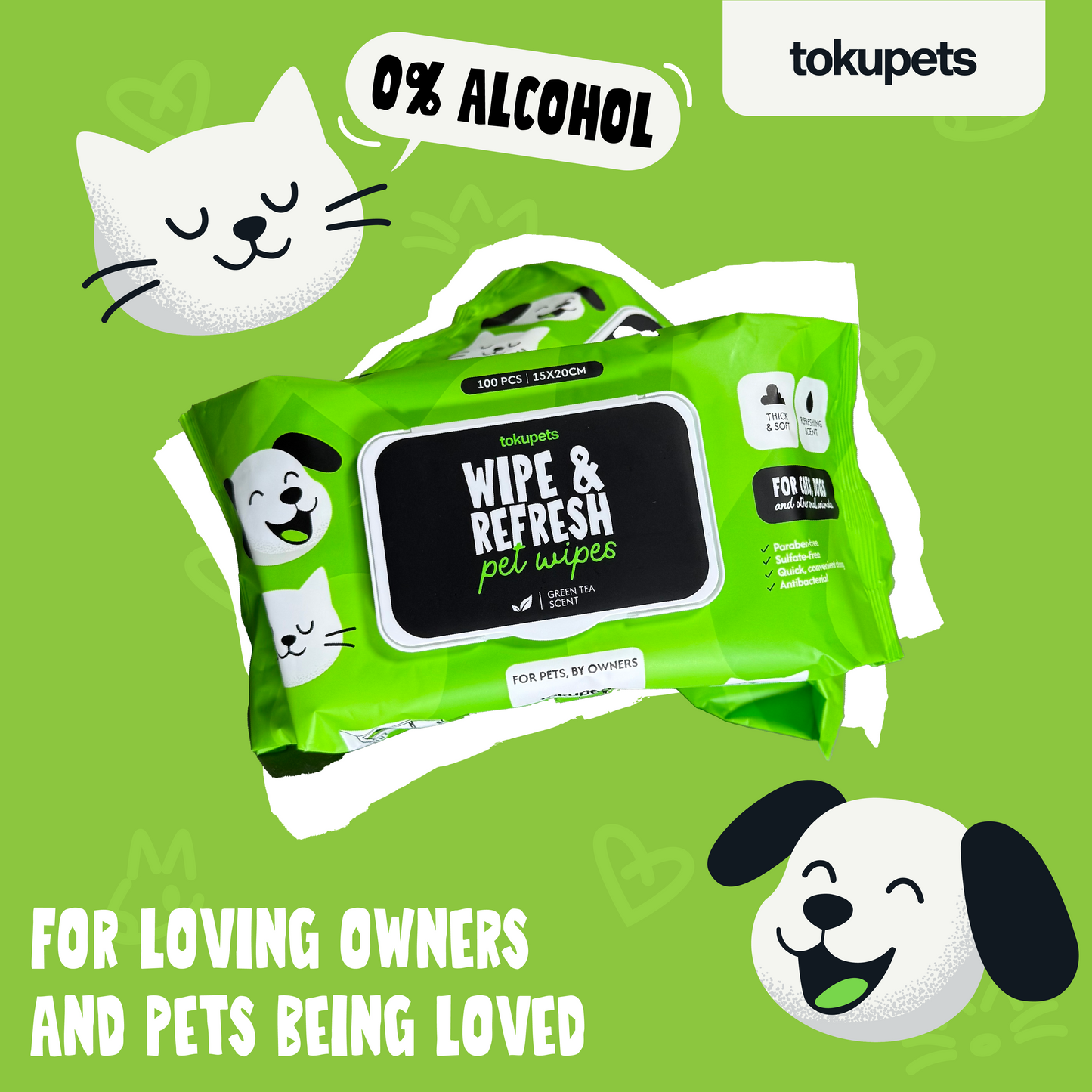 Tokupets Pet Wipes 100pcs 15cm x 20cm - Extra Thick & Large | Antibacterial Wet Tissue for Cat Dog Animal